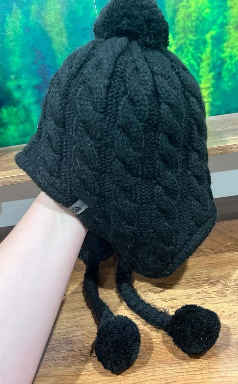 The North Face Women's Black Cable Knit Ear Flap Beanie Hat with Pom Poms